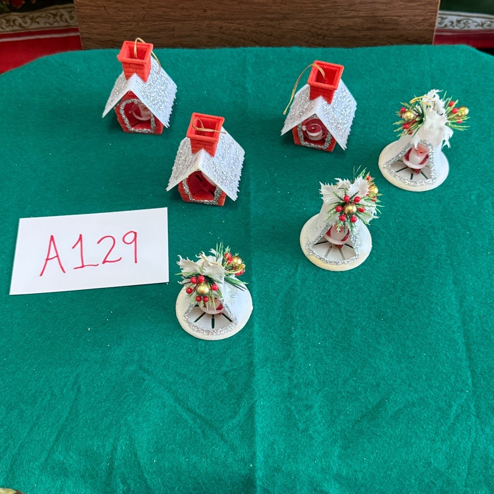 Vintage plastic Santa house & bell ornaments